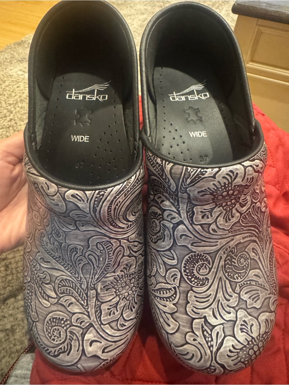 Dansko Wide Floral-Embossed Gray/Black Leather Clogs